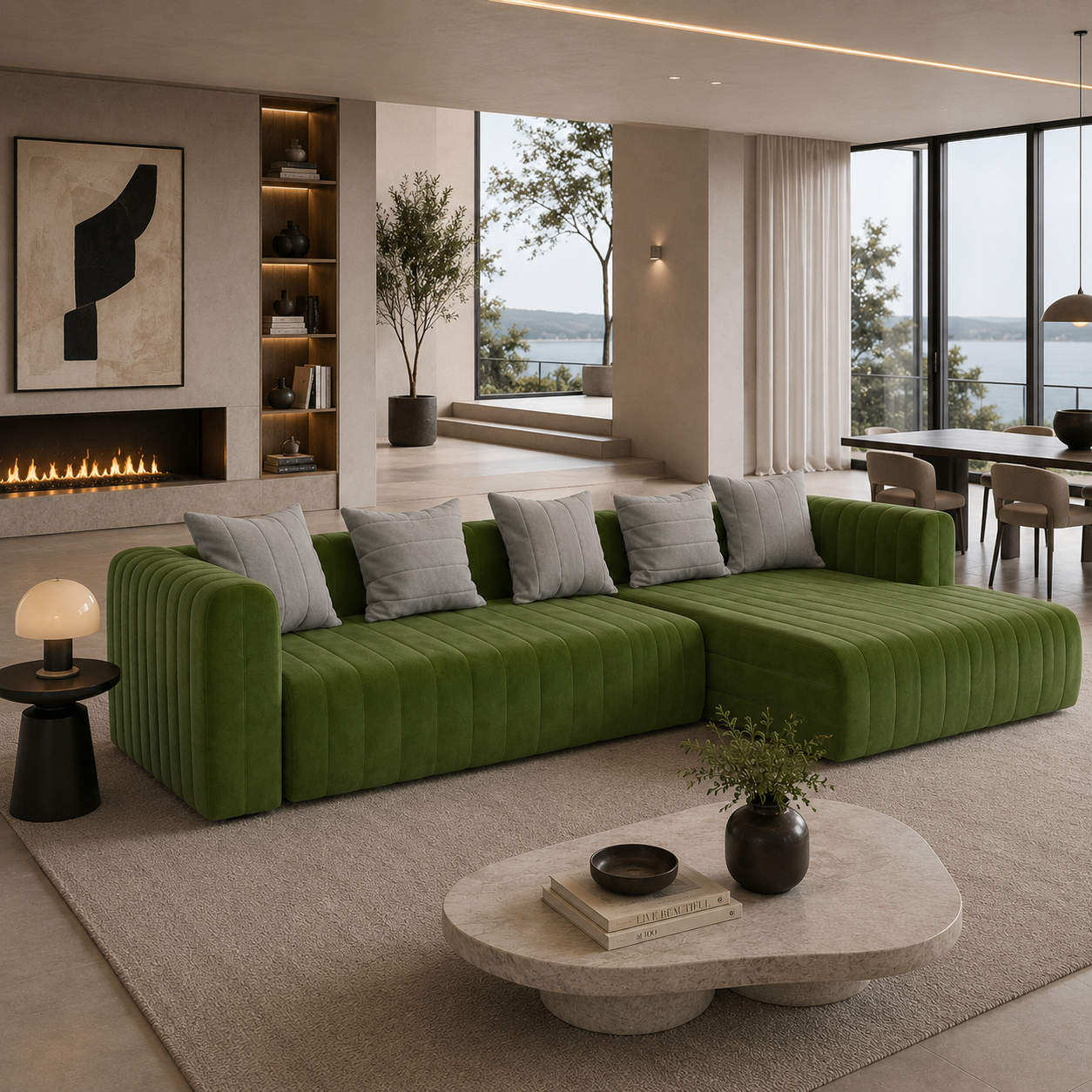 Olive Green Channel-Tufted Sectional Sofa – Right Chaise 3D Model 4