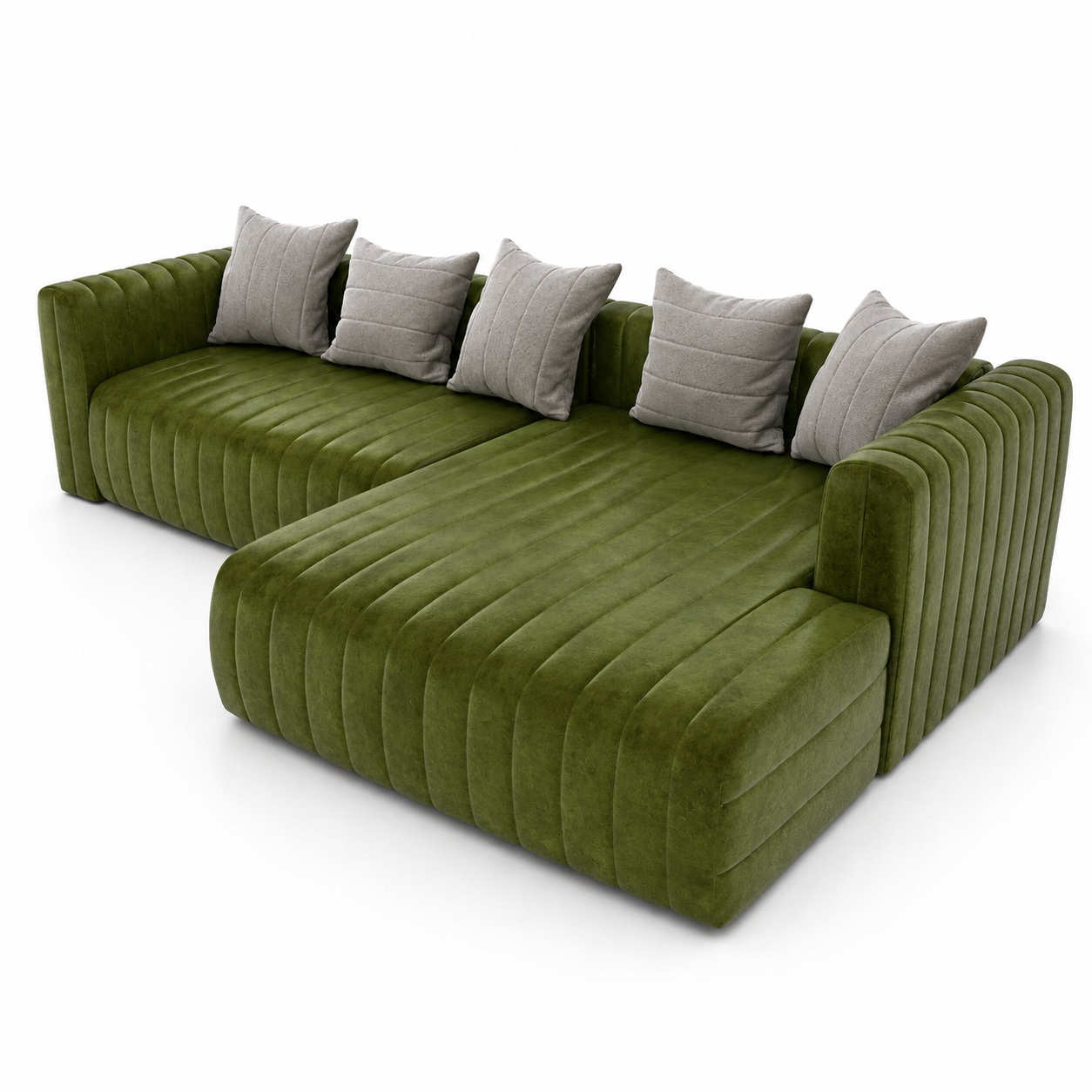 Olive Green Channel-Tufted Sectional Sofa – Right Chaise 3D Model 3
