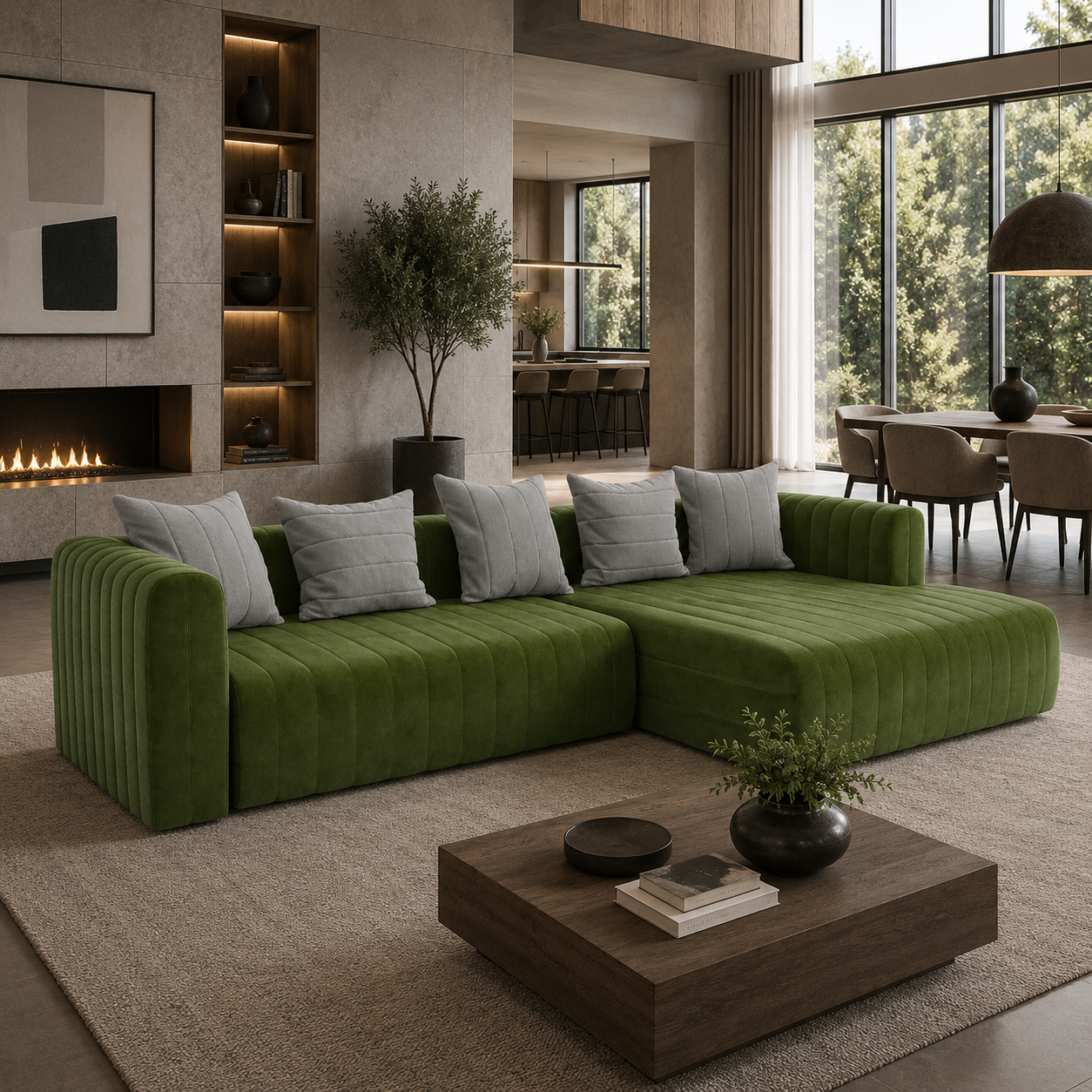 Olive Green Channel-Tufted Sectional Sofa – Right Chaise 3D Model 2