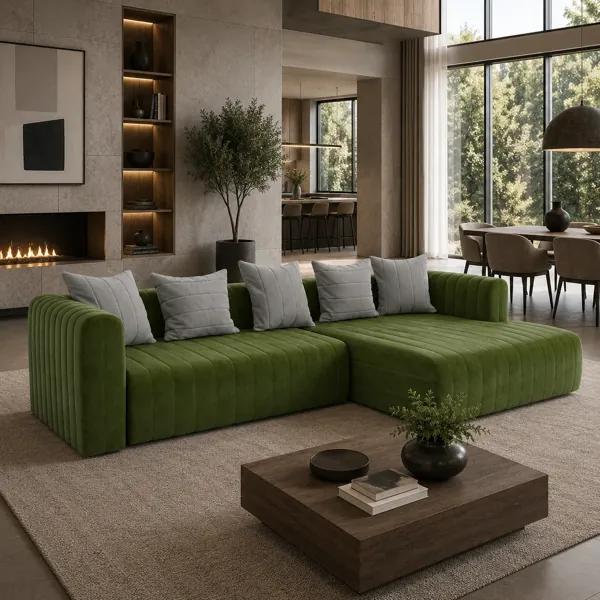 Olive Green Channel-Tufted Sectional Sofa – Right Chaise 3D Model back