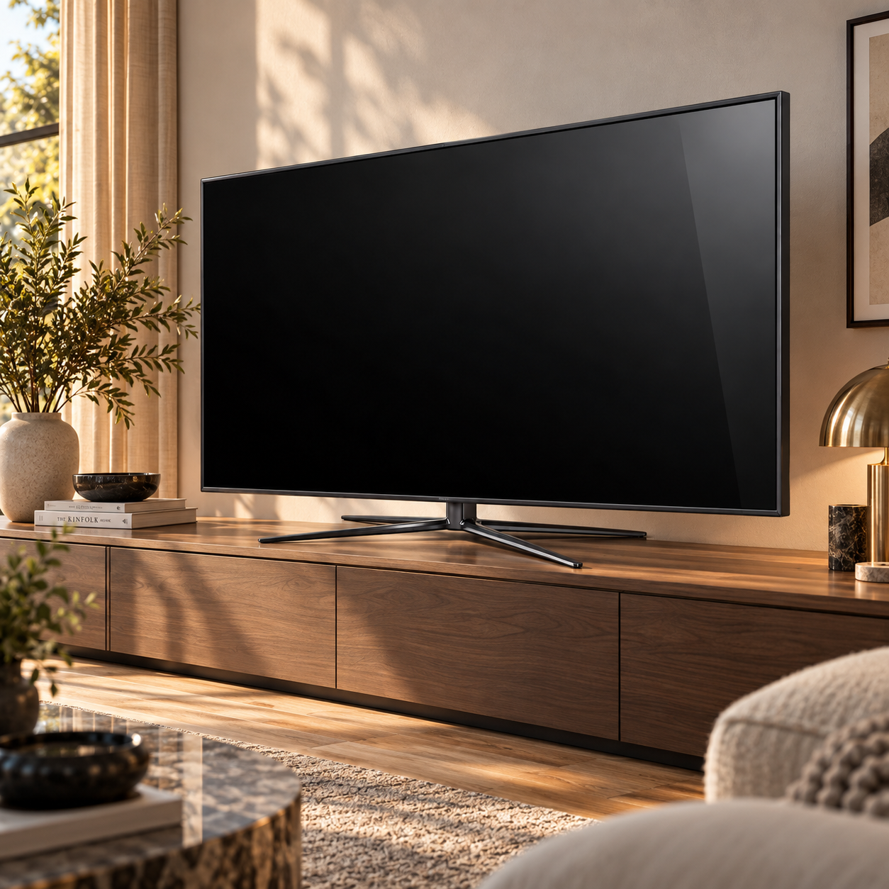 Black Flat Screen TV with Sculpted Stand 3D Model 4