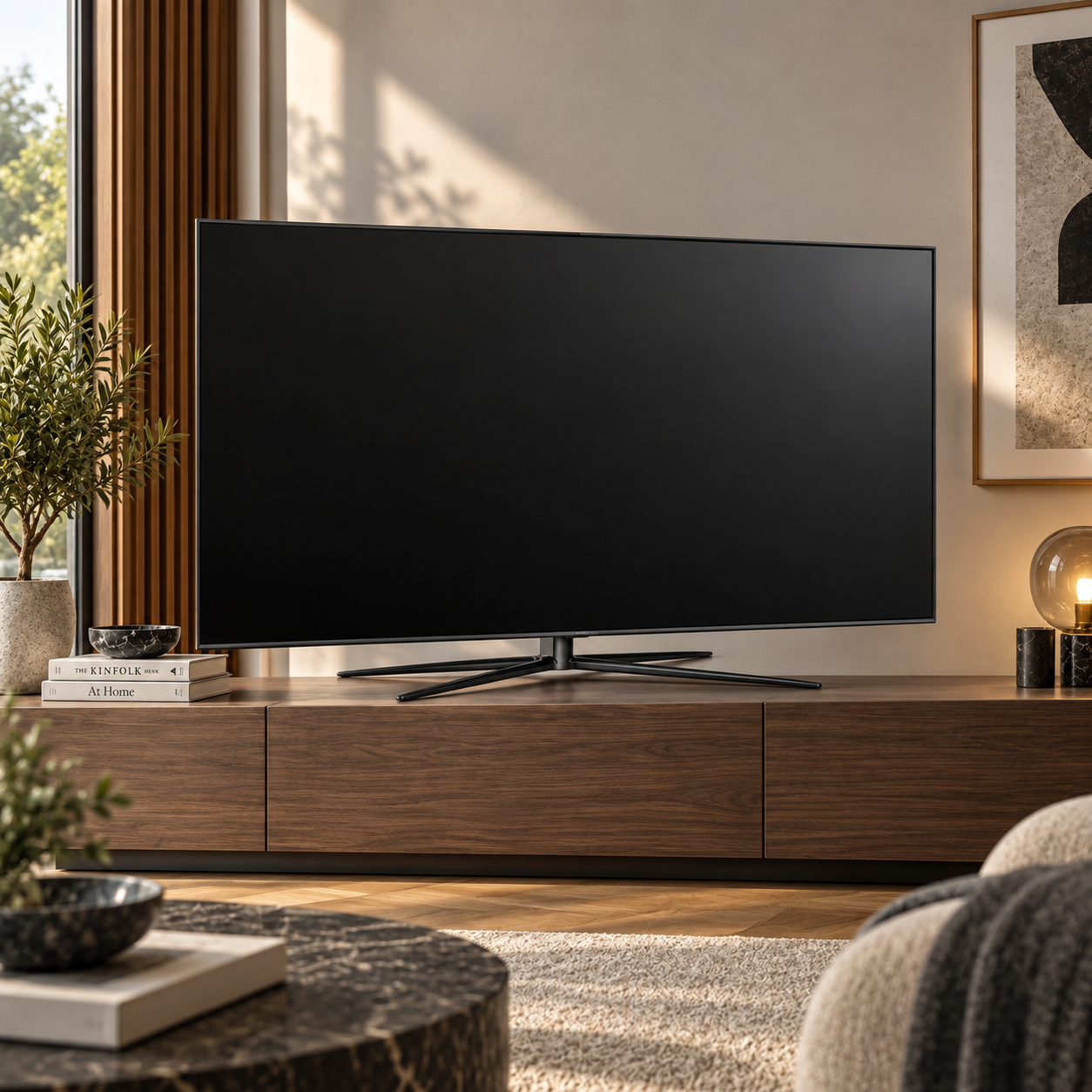 Black Flat Screen TV with Sculpted Stand 3D Model 2