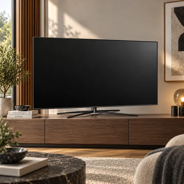 Black Flat Screen TV with Sculpted Stand 3D Model back
