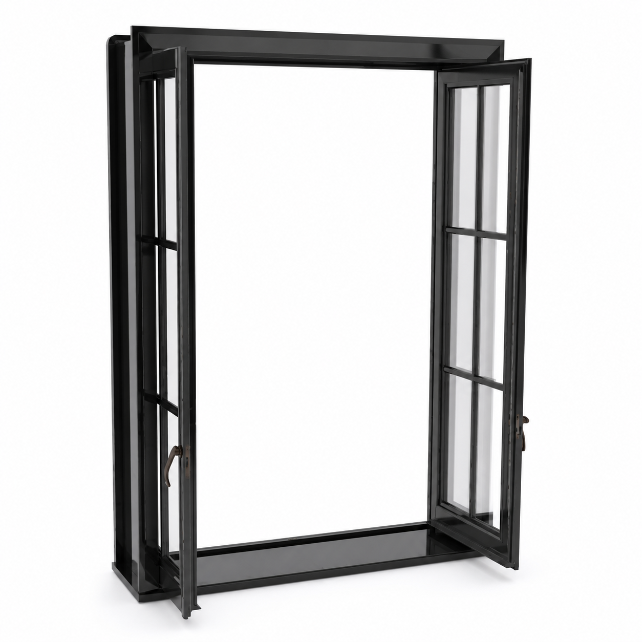 Black Double Casement Window – Grid Glass Panels 3D Model 1
