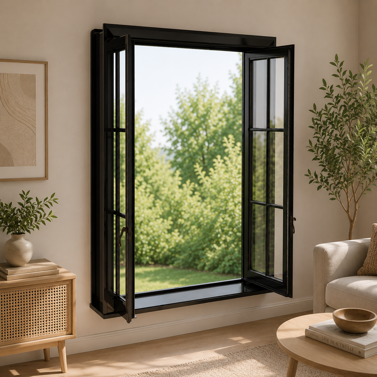 Black Double Casement Window – Grid Glass Panels 3D Model 2