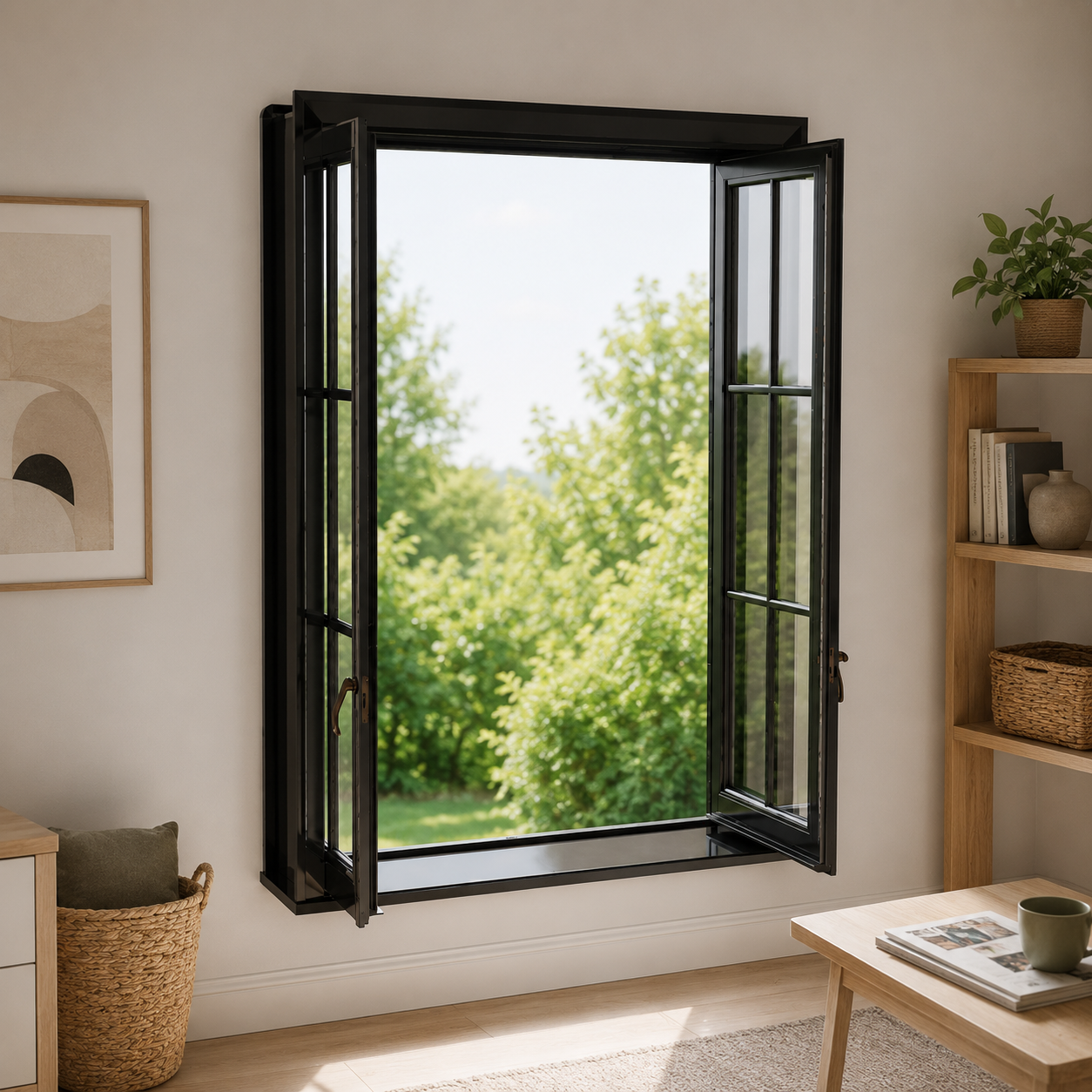 Black Double Casement Window – Grid Glass Panels 3D Model 3