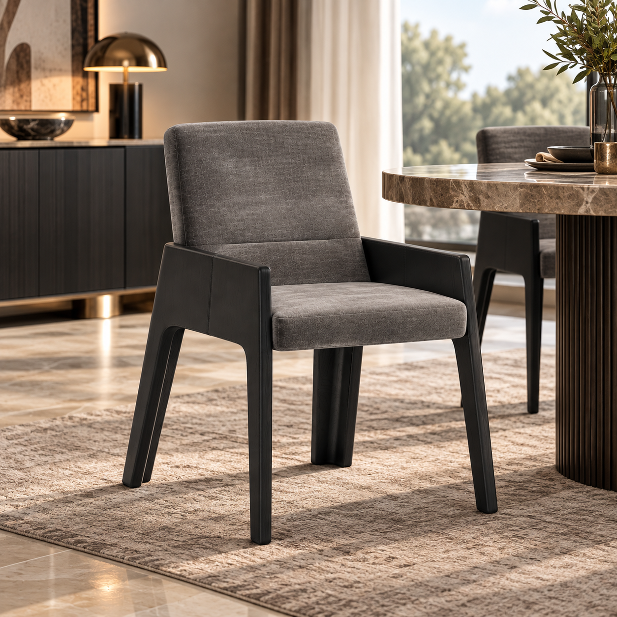Gray Upholstered Black Wood Arm Dining Chair 3D Model 2
