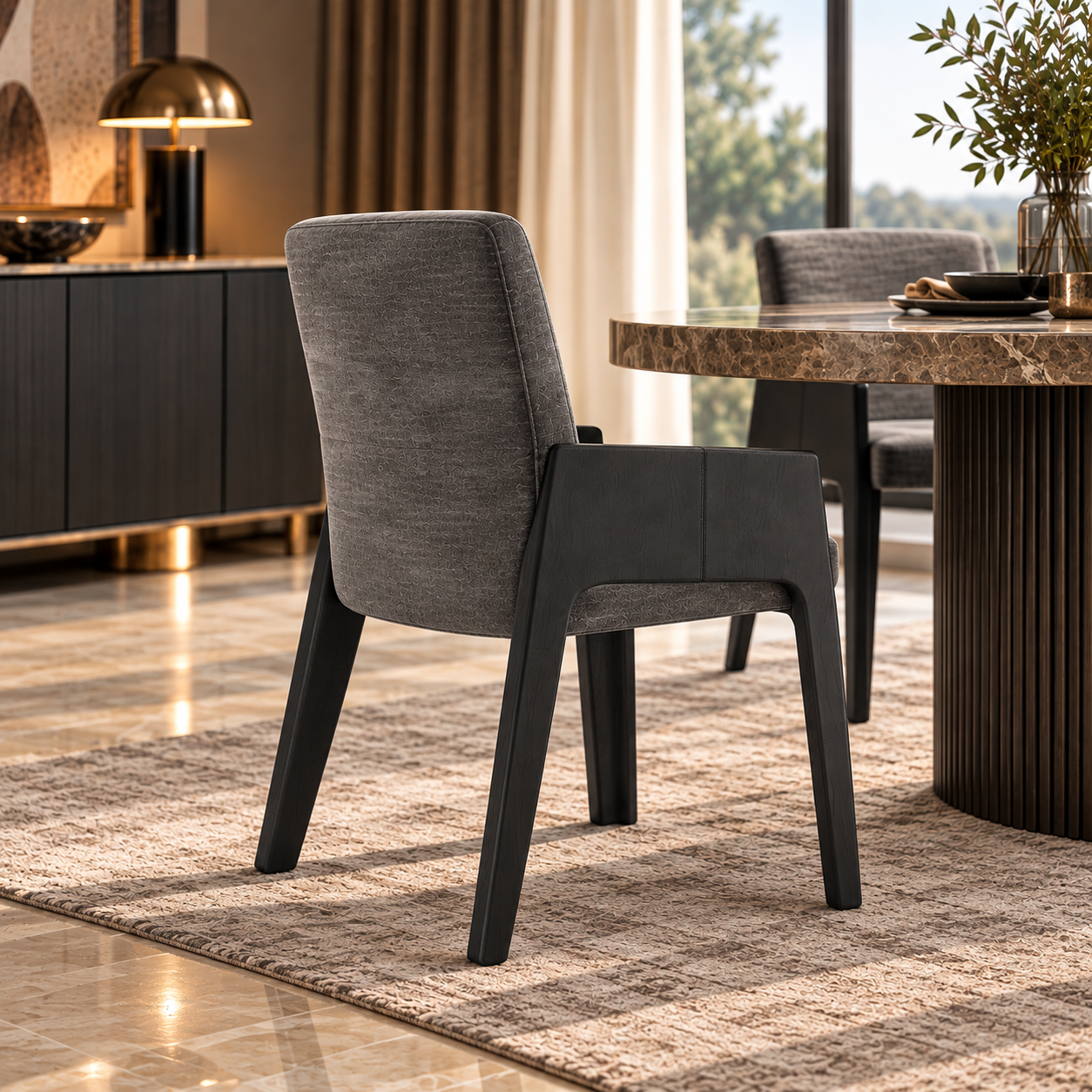 Gray Upholstered Black Wood Arm Dining Chair 3D Model 4