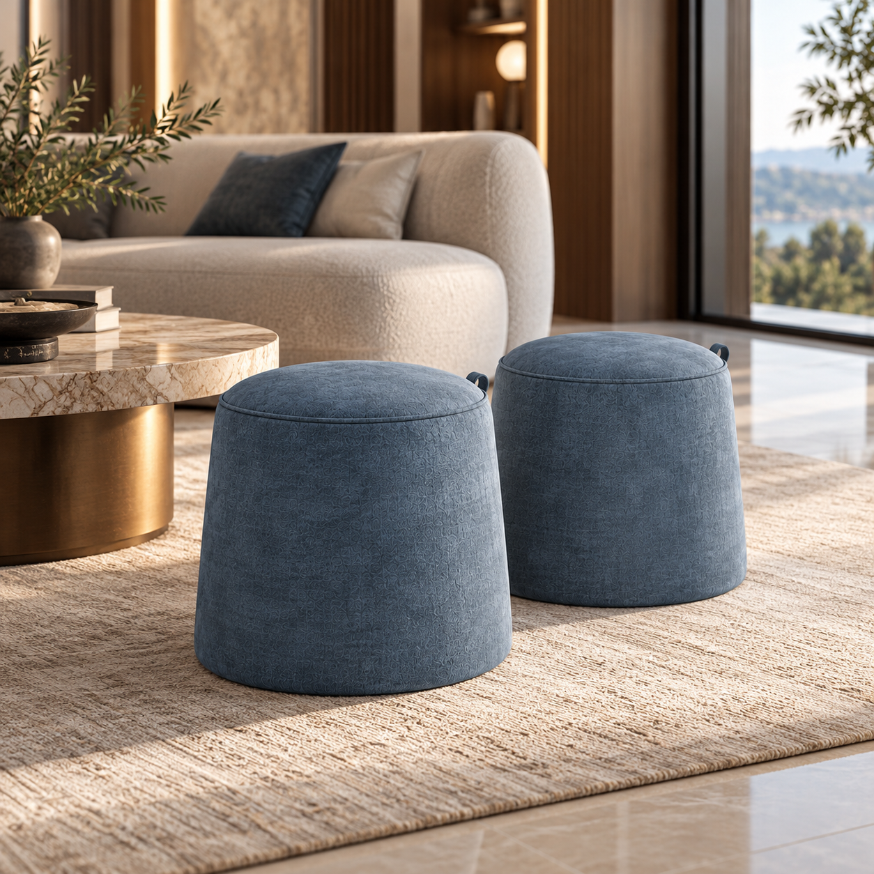 Dusty Blue Textured Fabric Round Pouf Set 3D Model 4