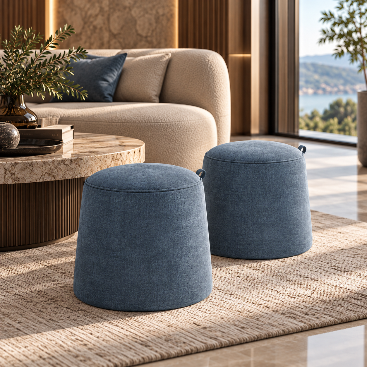 Dusty Blue Textured Fabric Round Pouf Set 3D Model 2