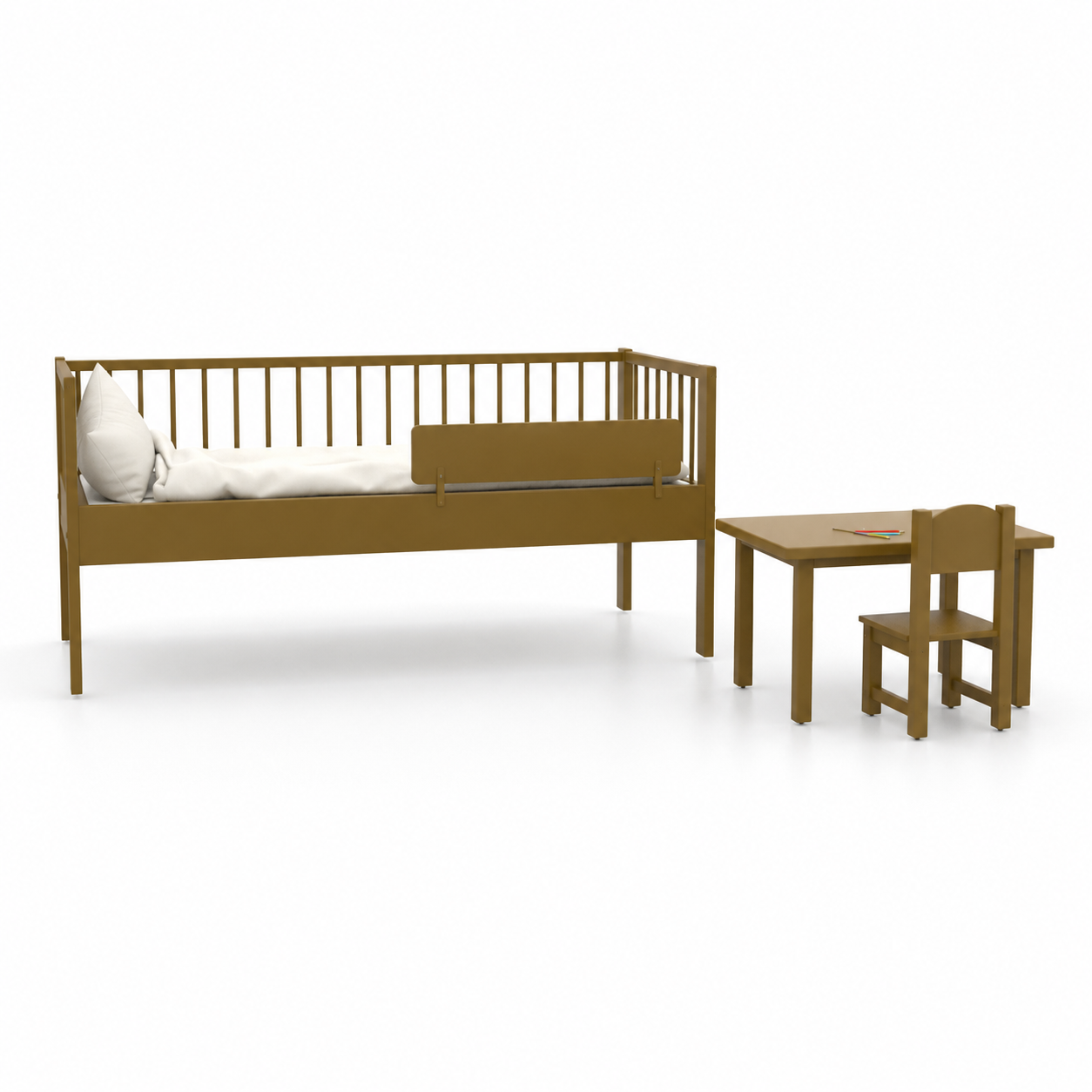 Warm Ochre Kids Daybed Set – Spindle Rail Frame 3D Model 1