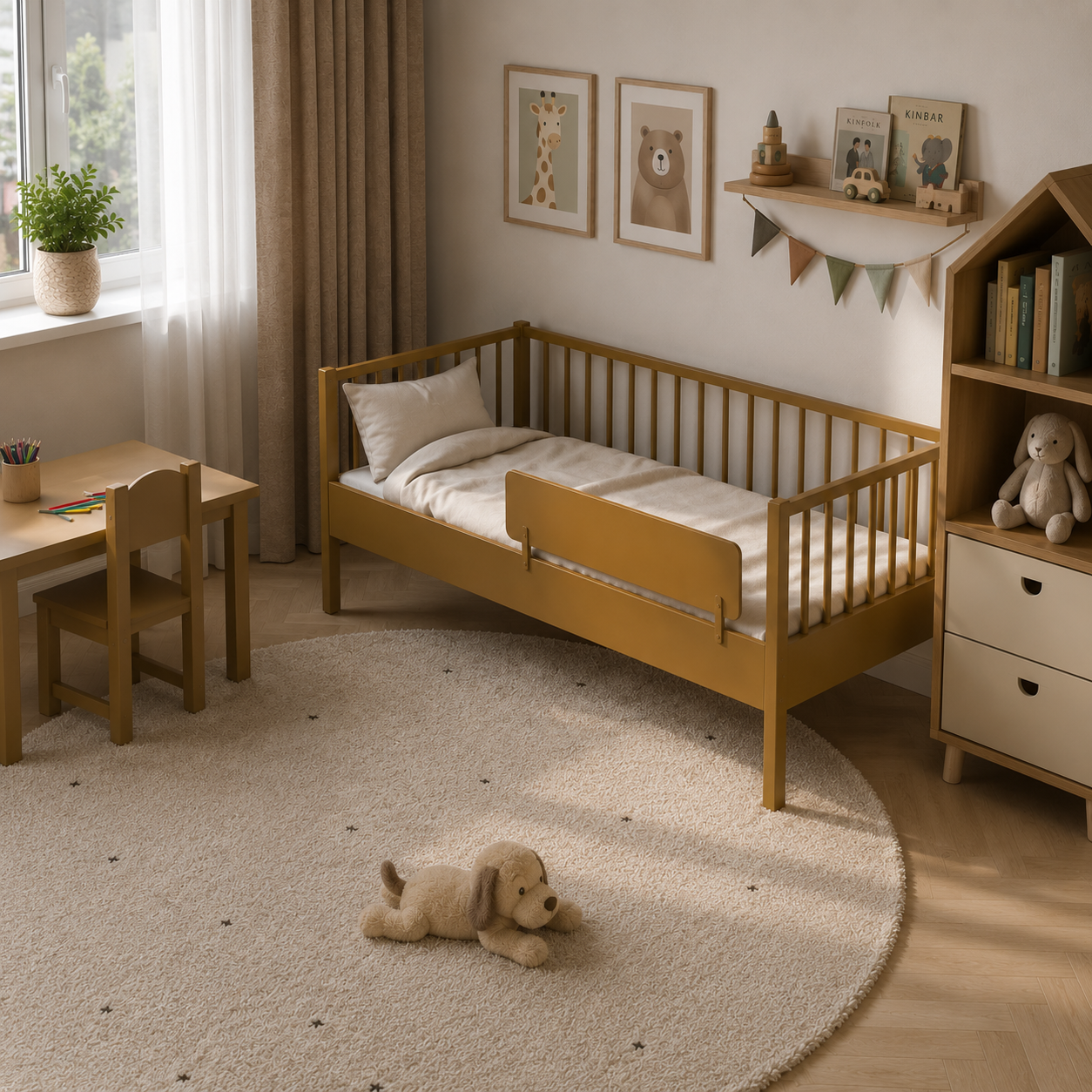 Warm Ochre Kids Daybed Set – Spindle Rail Frame 3D Model 2