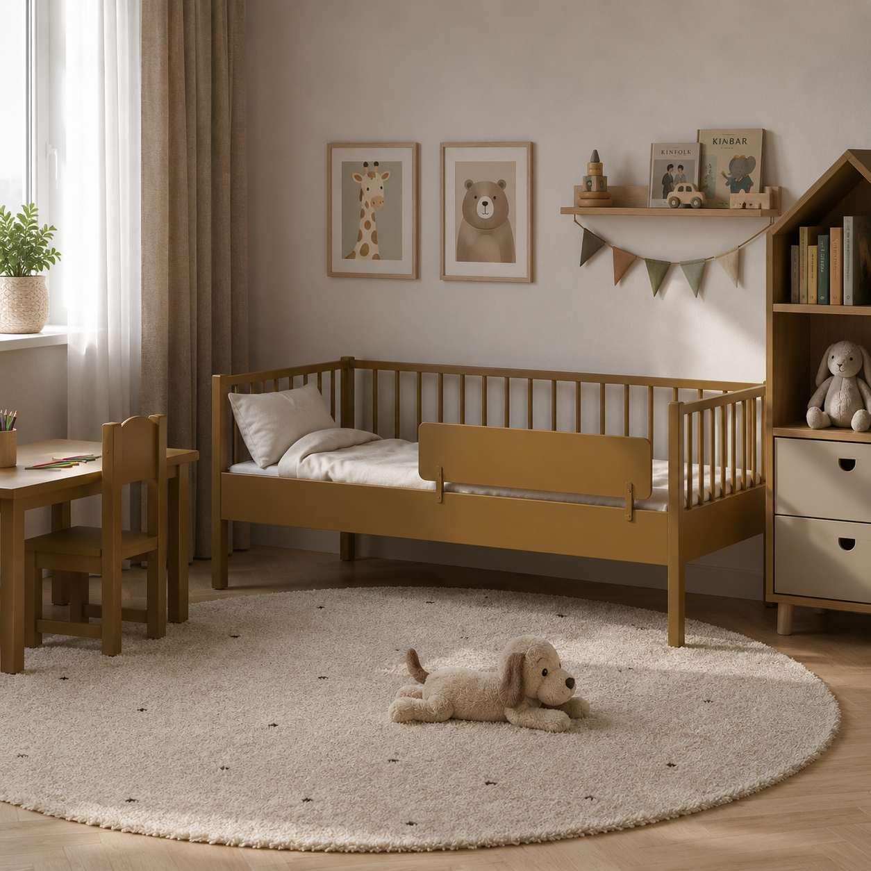 Warm Ochre Kids Daybed Set – Spindle Rail Frame 3D Model 3