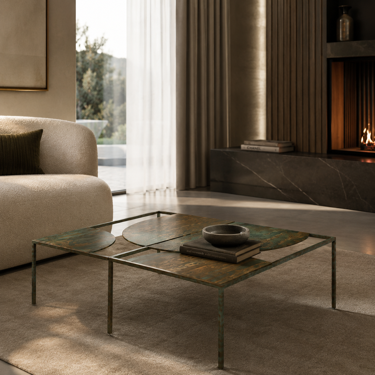 Geometric Metal Table Set – Green Patina Panels 3D Model 2