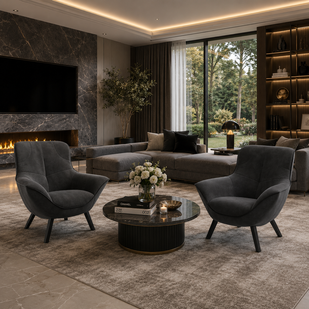 Charcoal Gray Sculptural Armchair – Winged Back 3D Model 2