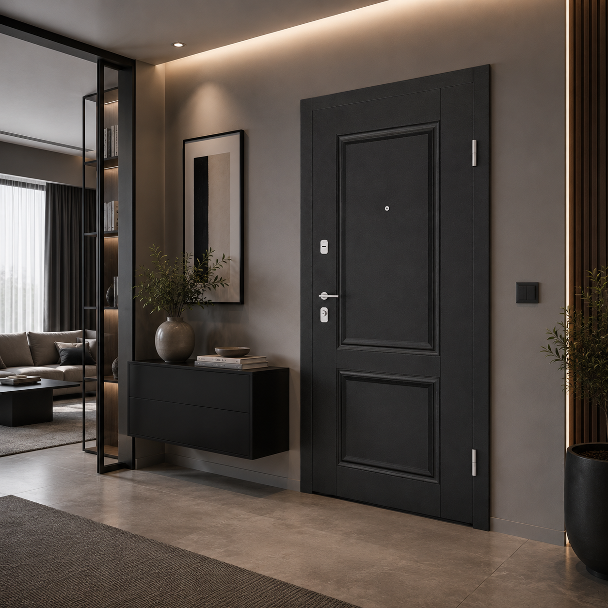 Modern Metal Panel Door – Gray & Black with Silver Hardware 3D Model 2