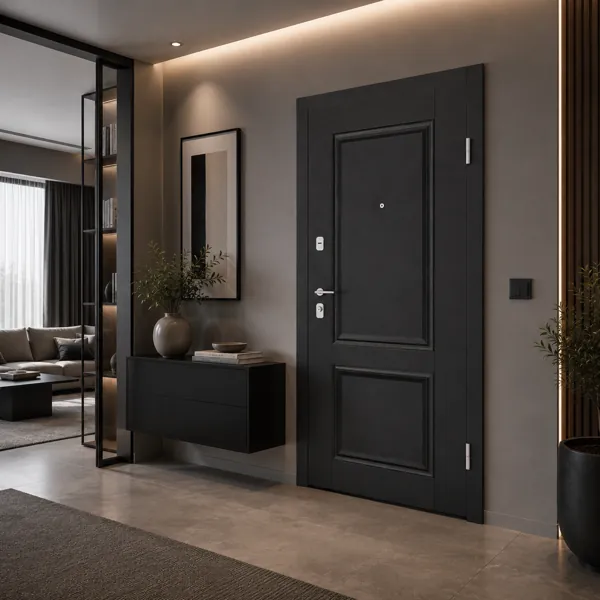 Modern Metal Panel Door – Gray & Black with Silver Hardware 3D Model back