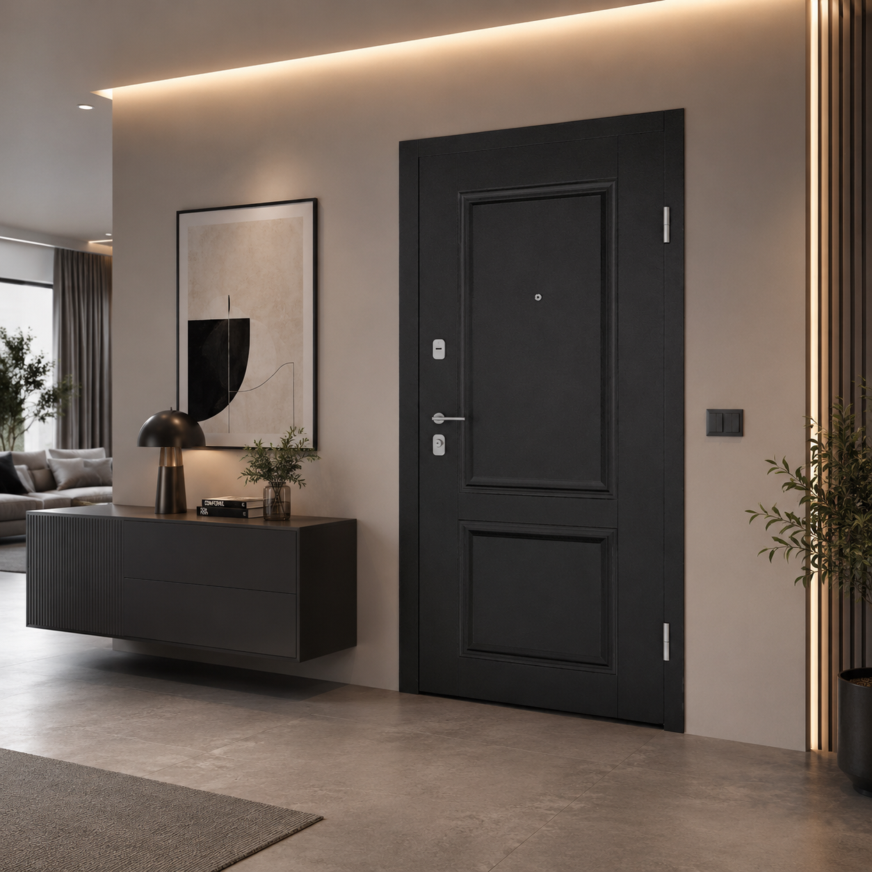 Modern Metal Panel Door – Gray & Black with Silver Hardware 3D Model 3