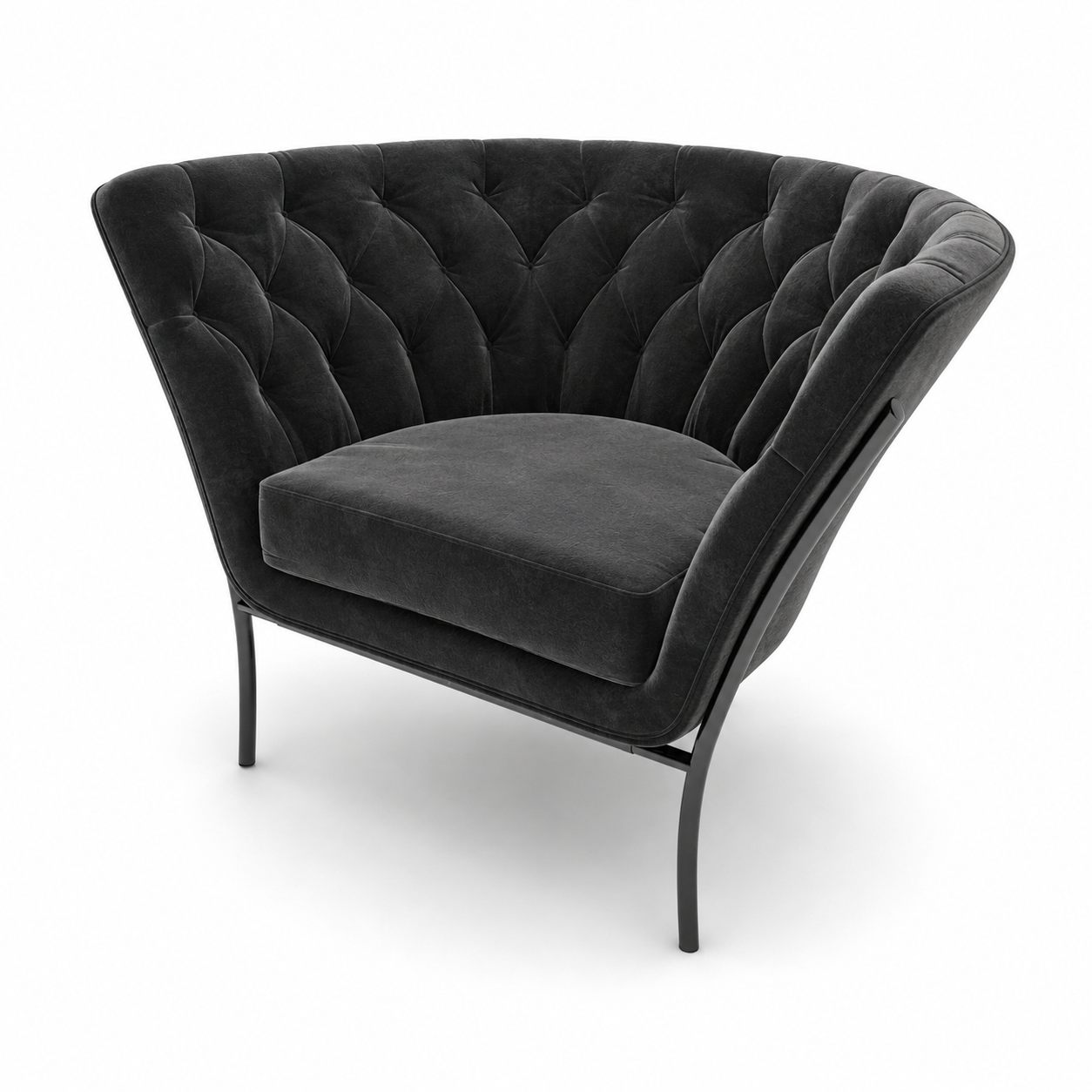 Black Tufted Velvet Armchair with Flared Back 3D Model 3