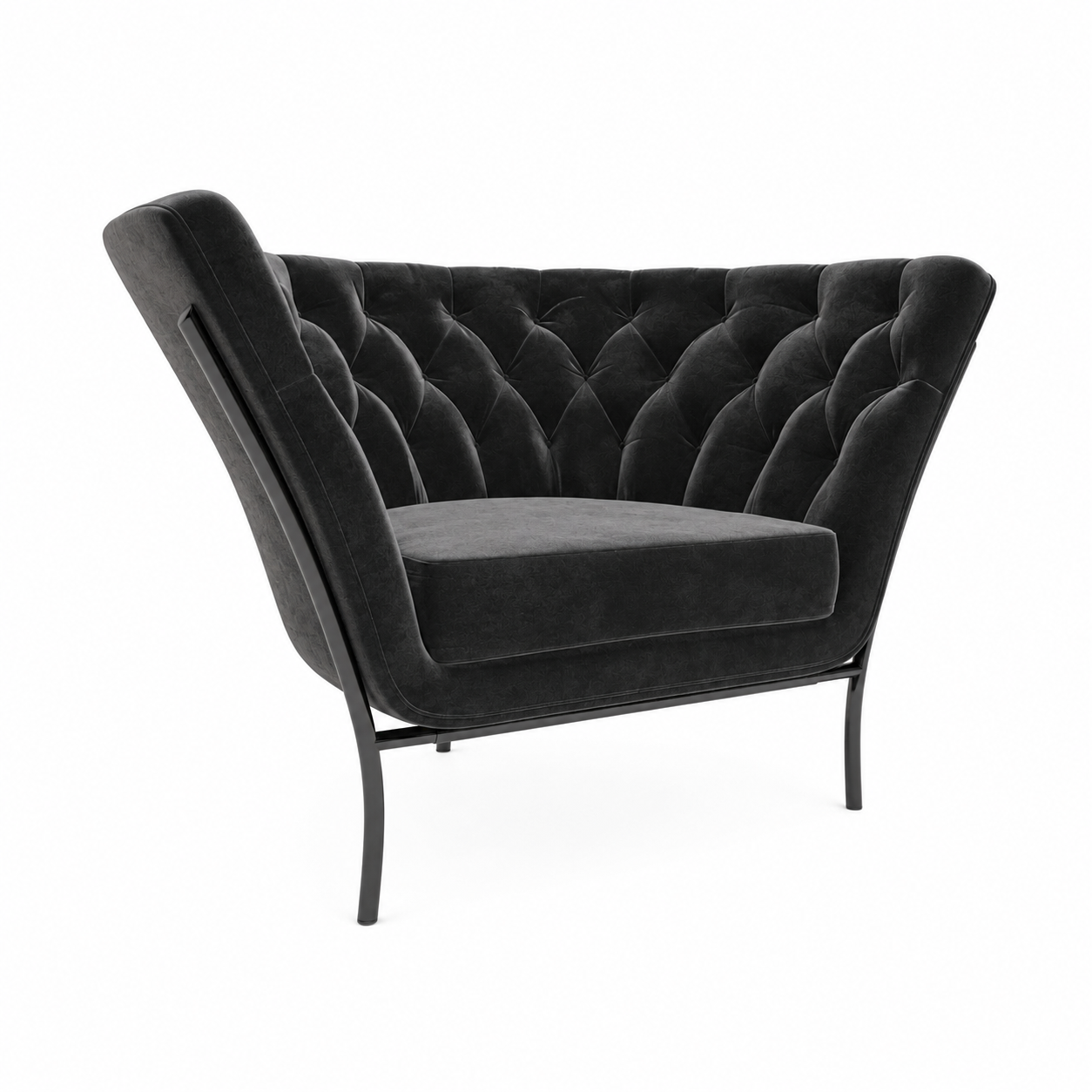 Black Tufted Velvet Armchair with Flared Back 3D Model 1