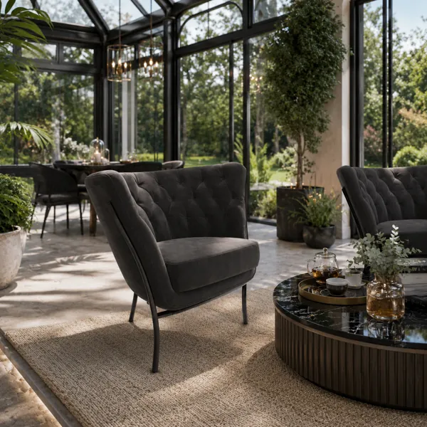Black Tufted Velvet Armchair with Flared Back 3D Model back