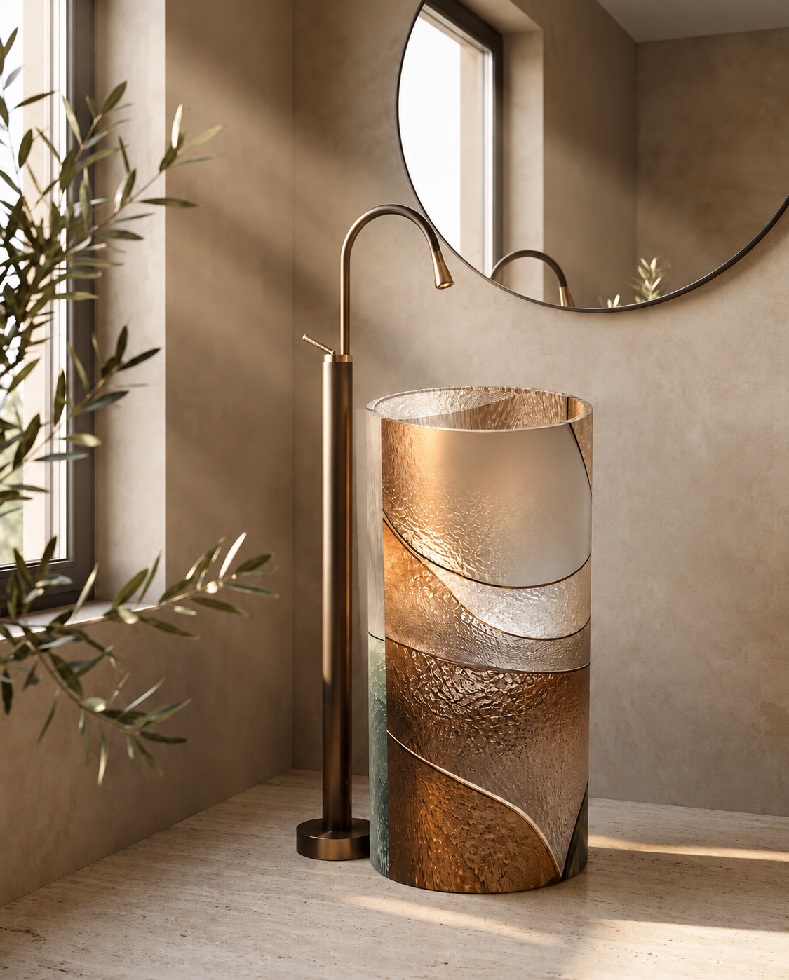 Bronze Sculptural Cylindrical Pedestal Washbasin 3D Model 2