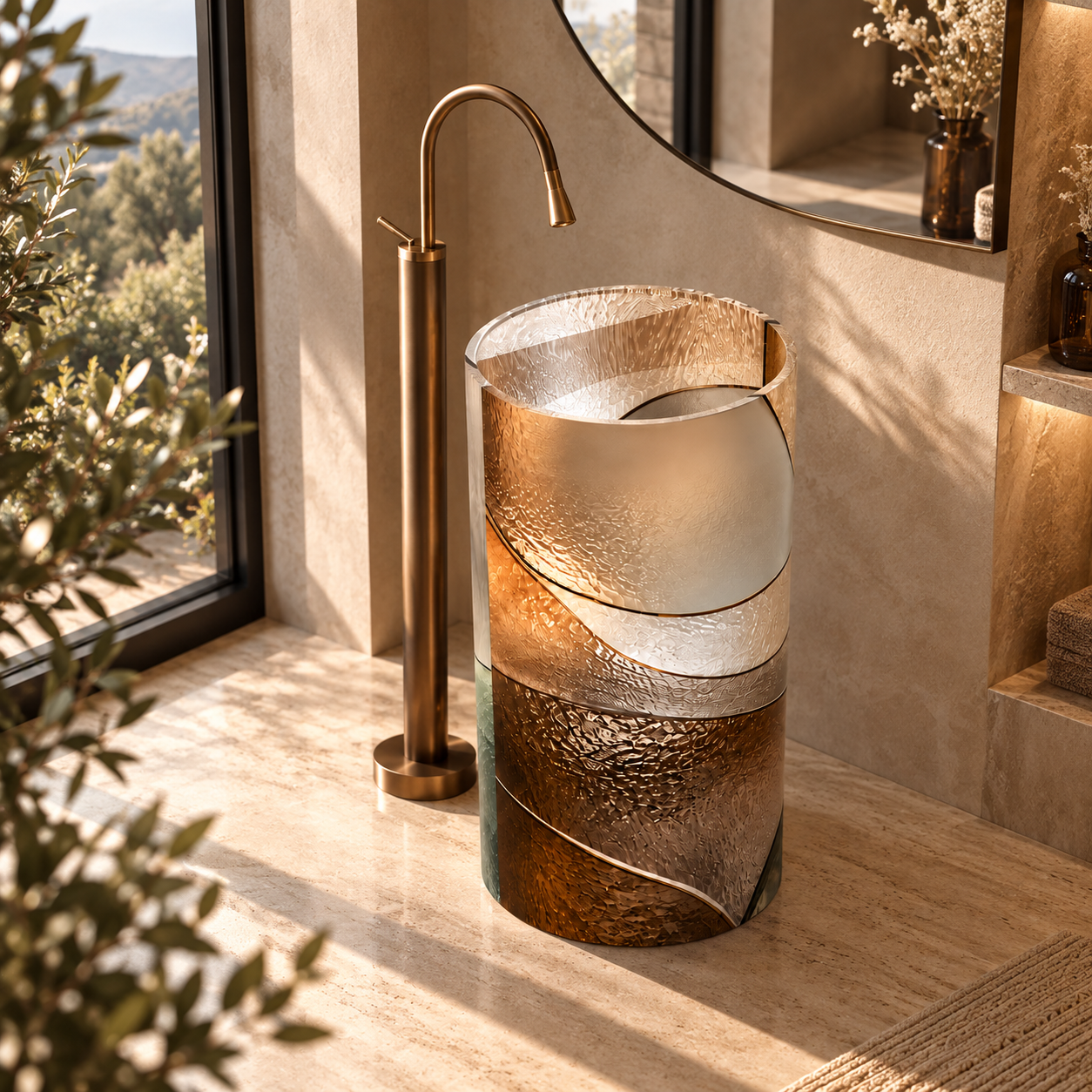 Bronze Sculptural Cylindrical Pedestal Washbasin 3D Model 3