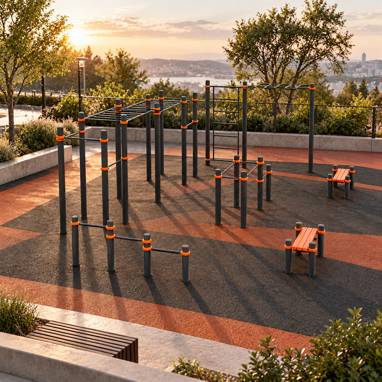 Orange Black Outdoor Calisthenics Park 3D Model 2