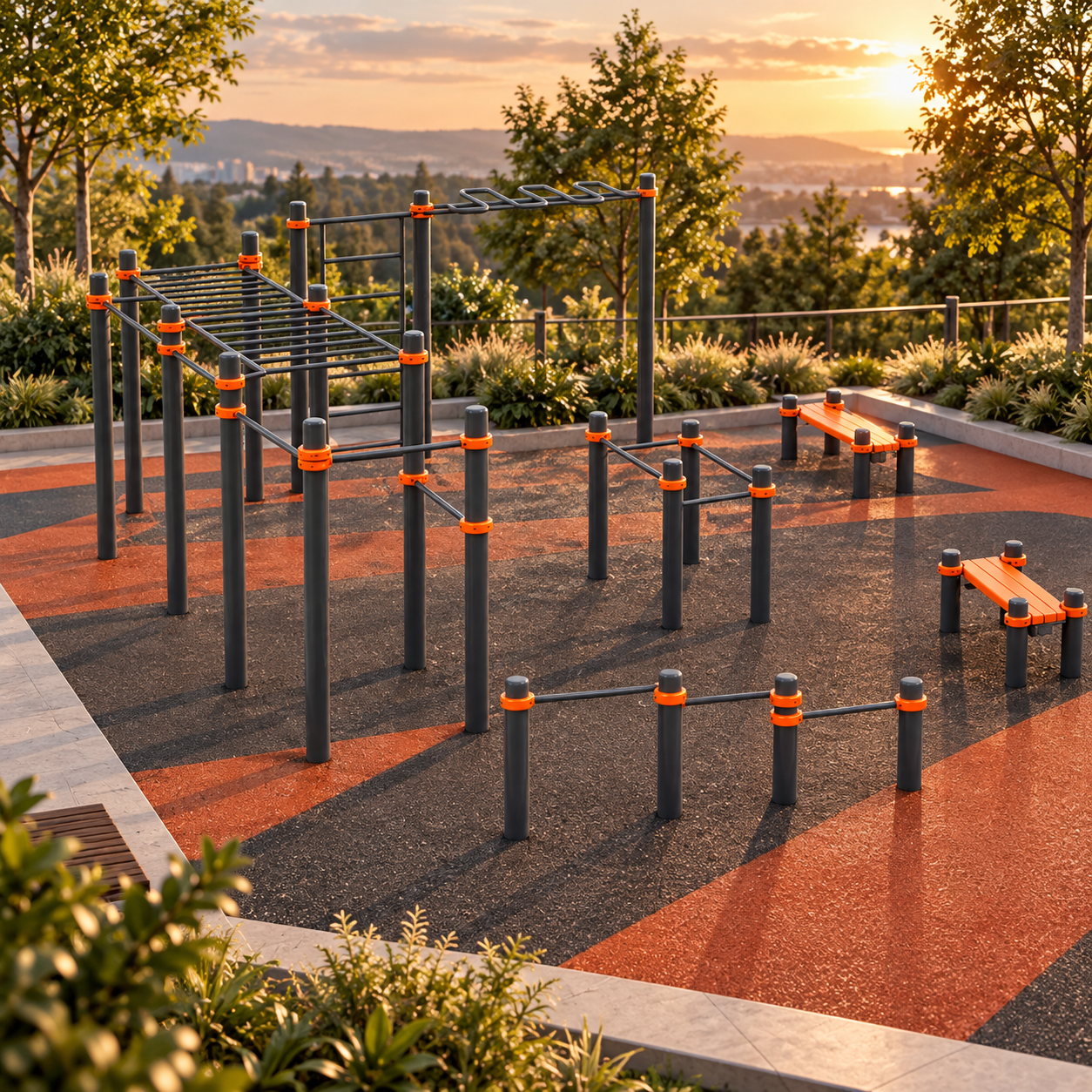 Orange Black Outdoor Calisthenics Park 3D Model 4