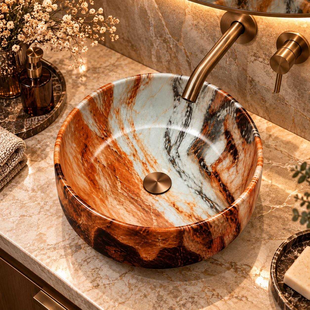 Copper Veined Marble Effect Round Vessel Sink 3D Model 4