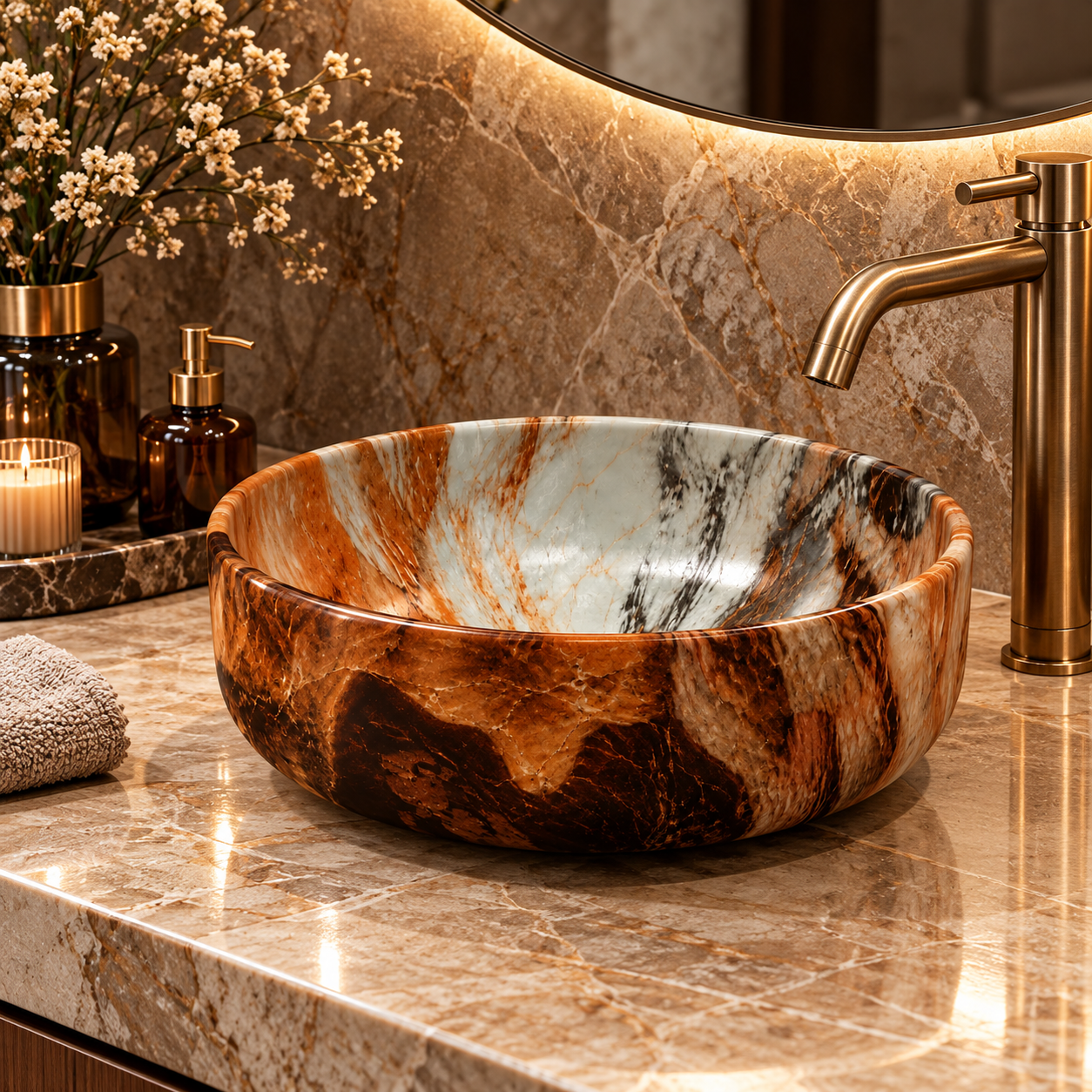 Copper Veined Marble Effect Round Vessel Sink 3D Model 2