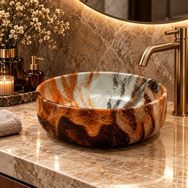 Copper Veined Marble Effect Round Vessel Sink 3D Model back