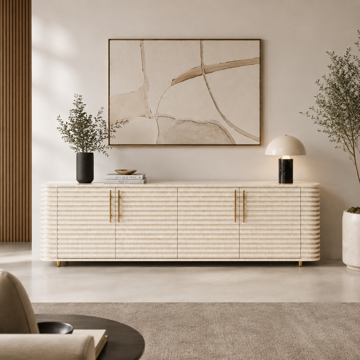 Beige Fluted Sideboard with Rounded Ends 3D Model 4