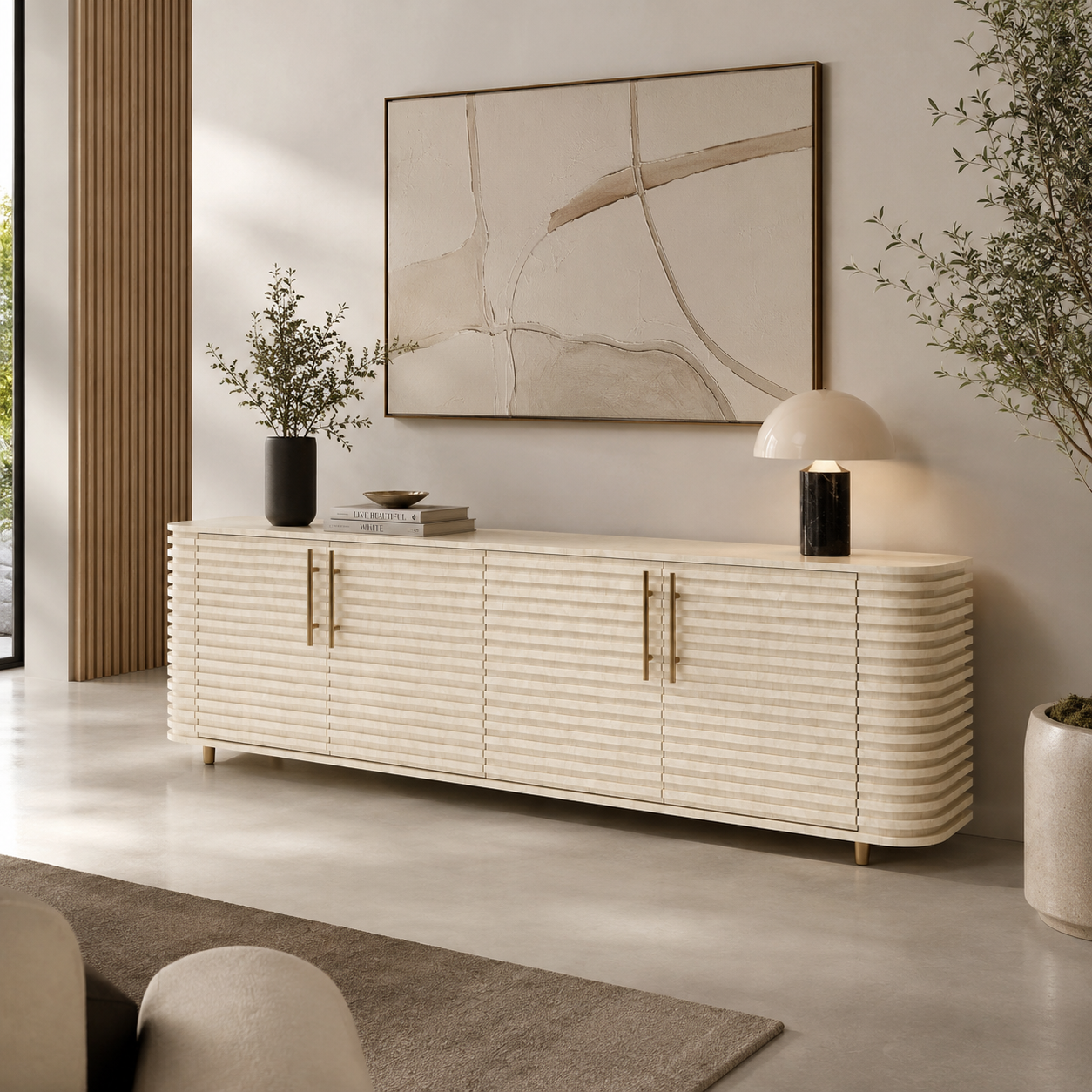 Beige Fluted Sideboard with Rounded Ends 3D Model 2