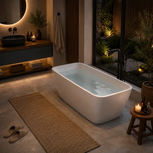 White Freestanding Bathtub Set – Soft Rounded Rectangular Form 3D Model back