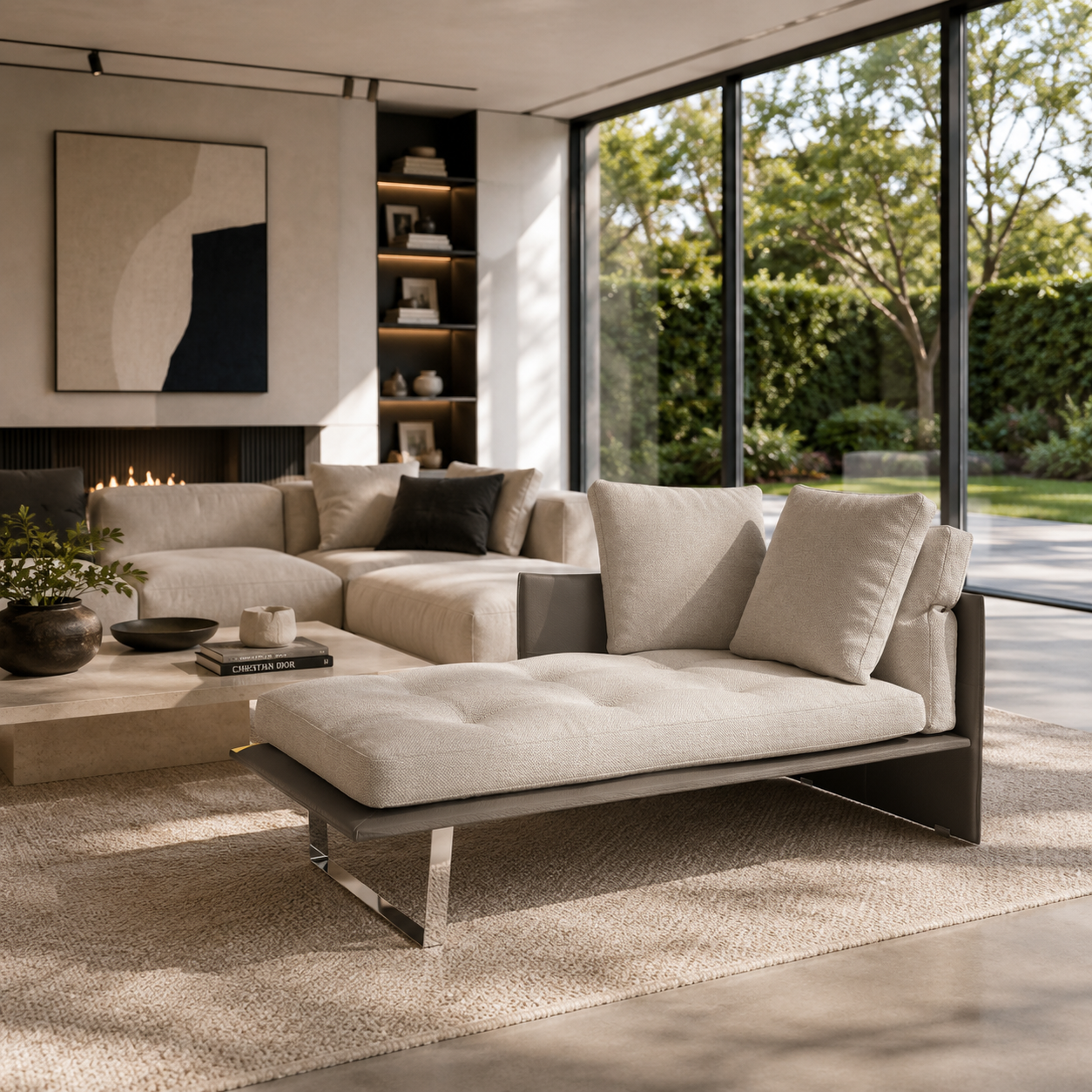 Modern Daybed Sofa – Ivory Textured Cushions & Taupe Leather Frame 3D Model 2