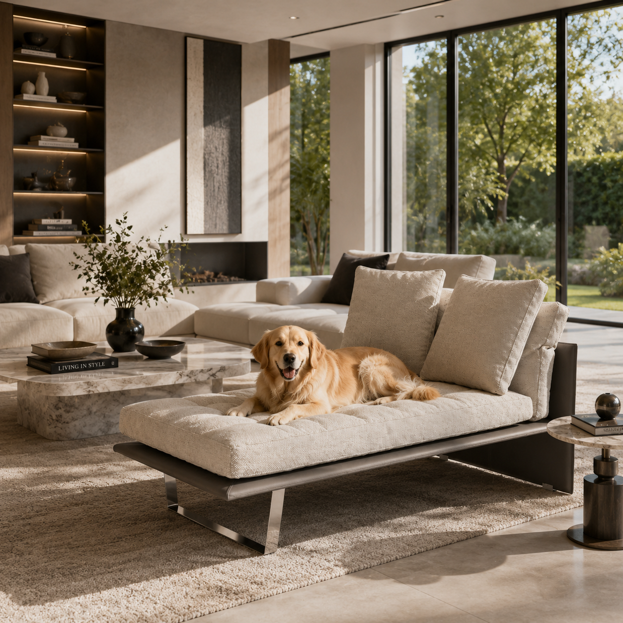 Modern Daybed Sofa – Ivory Textured Cushions & Taupe Leather Frame 3D Model 4