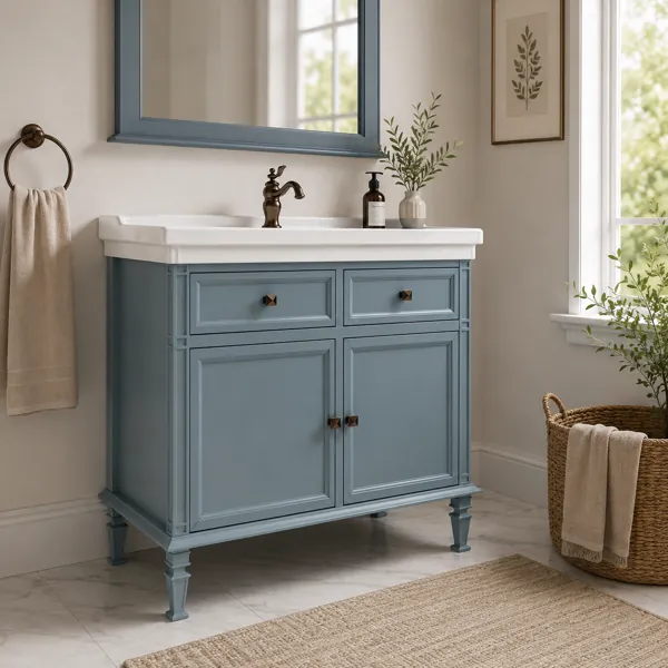 Classic Bathroom Vanity – Dusty Blue Panels & White Porcelain Sink 3D Model back