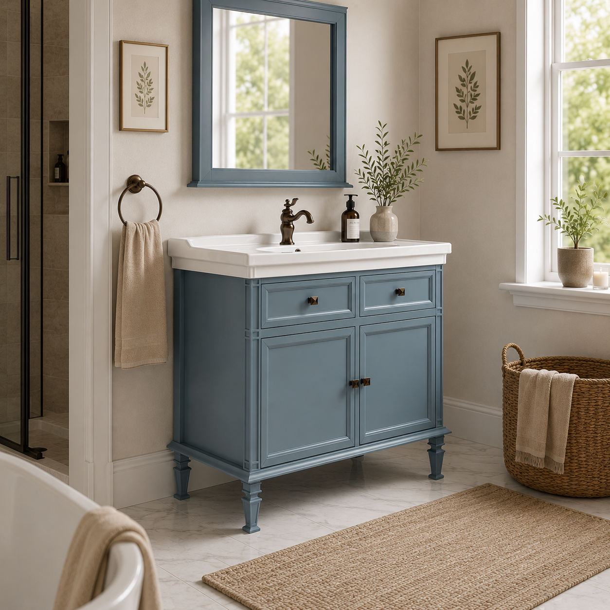 Classic Bathroom Vanity – Dusty Blue Panels & White Porcelain Sink 3D Model 3