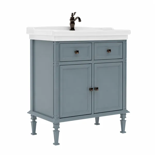 Classic Bathroom Vanity – Dusty Blue Panels & White Porcelain Sink 3D Model