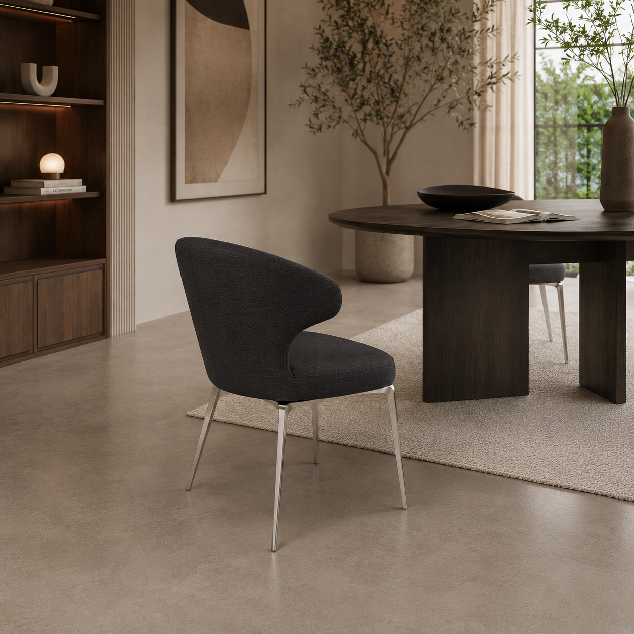 Charcoal Fabric Armchair – Polished Metal Legs 3D Model 3