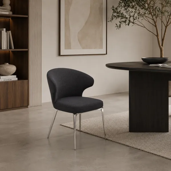 Charcoal Fabric Armchair – Polished Metal Legs 3D Model back