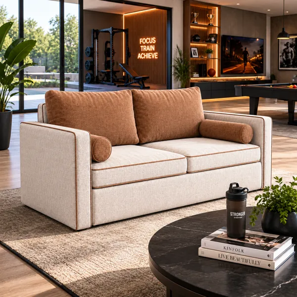 Modern Beige Sofa – Tan Cushions & Bolster Pillows 3D Model back