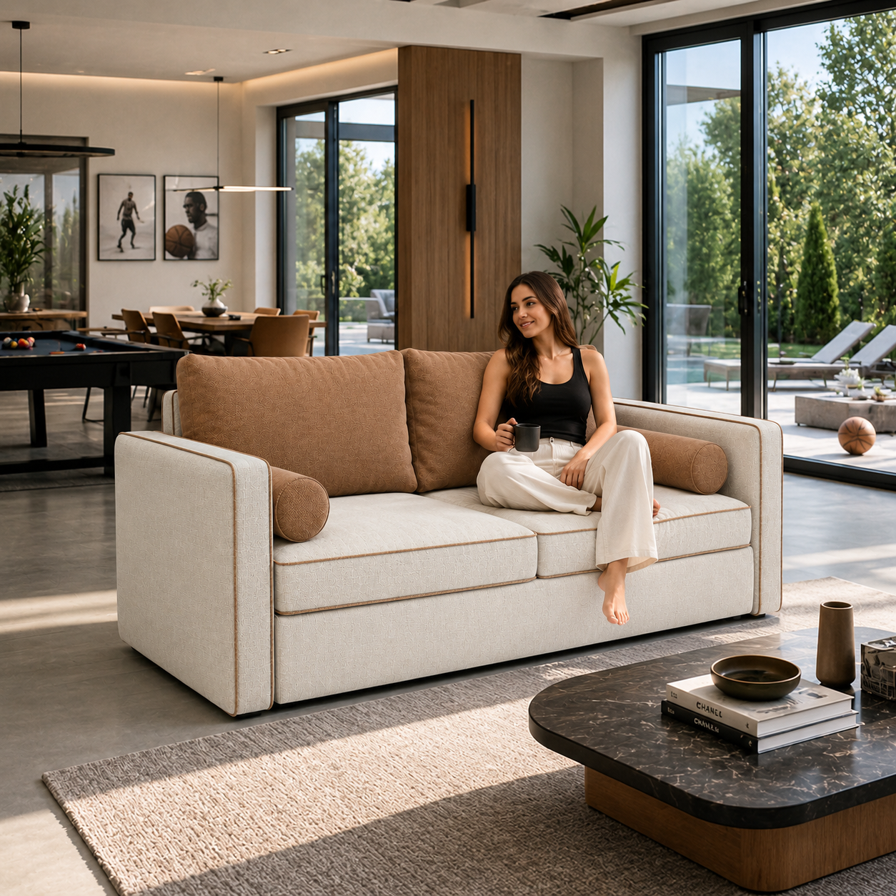 Modern Beige Sofa – Tan Cushions & Bolster Pillows 3D Model 4