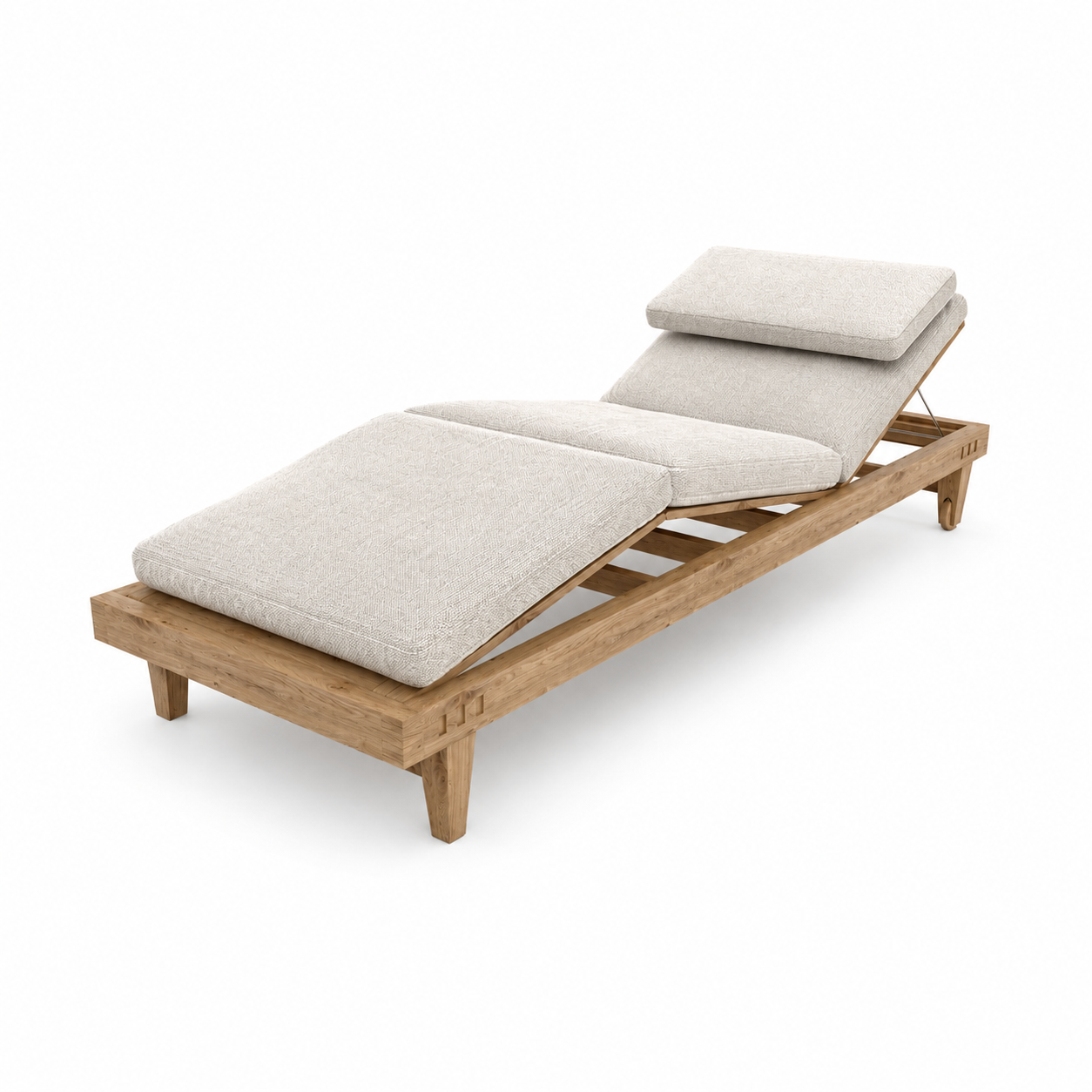 Natural Wood Chaise Lounge – Beige Cushions & Angled Back 3D Model 3