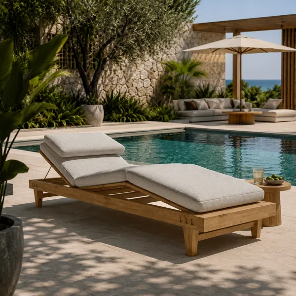 Natural Wood Chaise Lounge – Beige Cushions & Angled Back 3D Model back