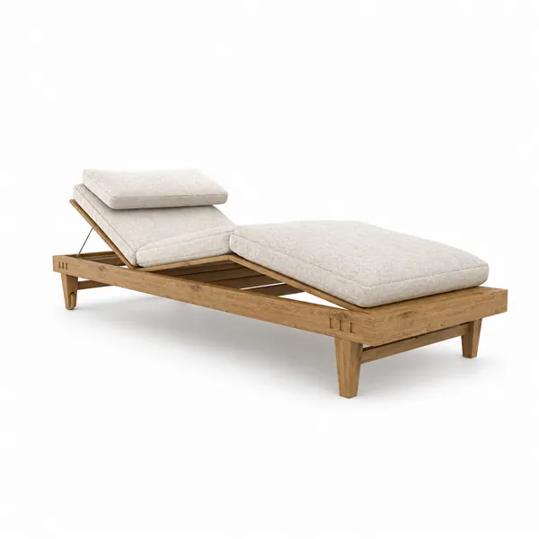 Natural Wood Chaise Lounge – Beige Cushions & Angled Back 3D Model