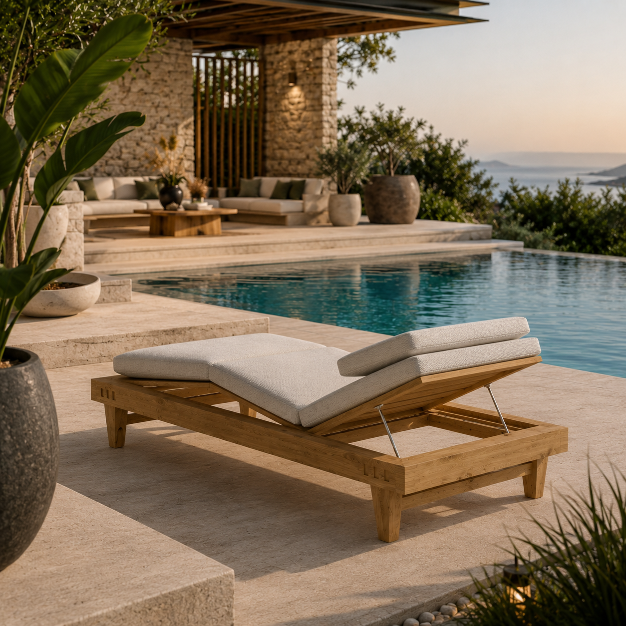 Natural Wood Chaise Lounge – Beige Cushions & Angled Back 3D Model 4