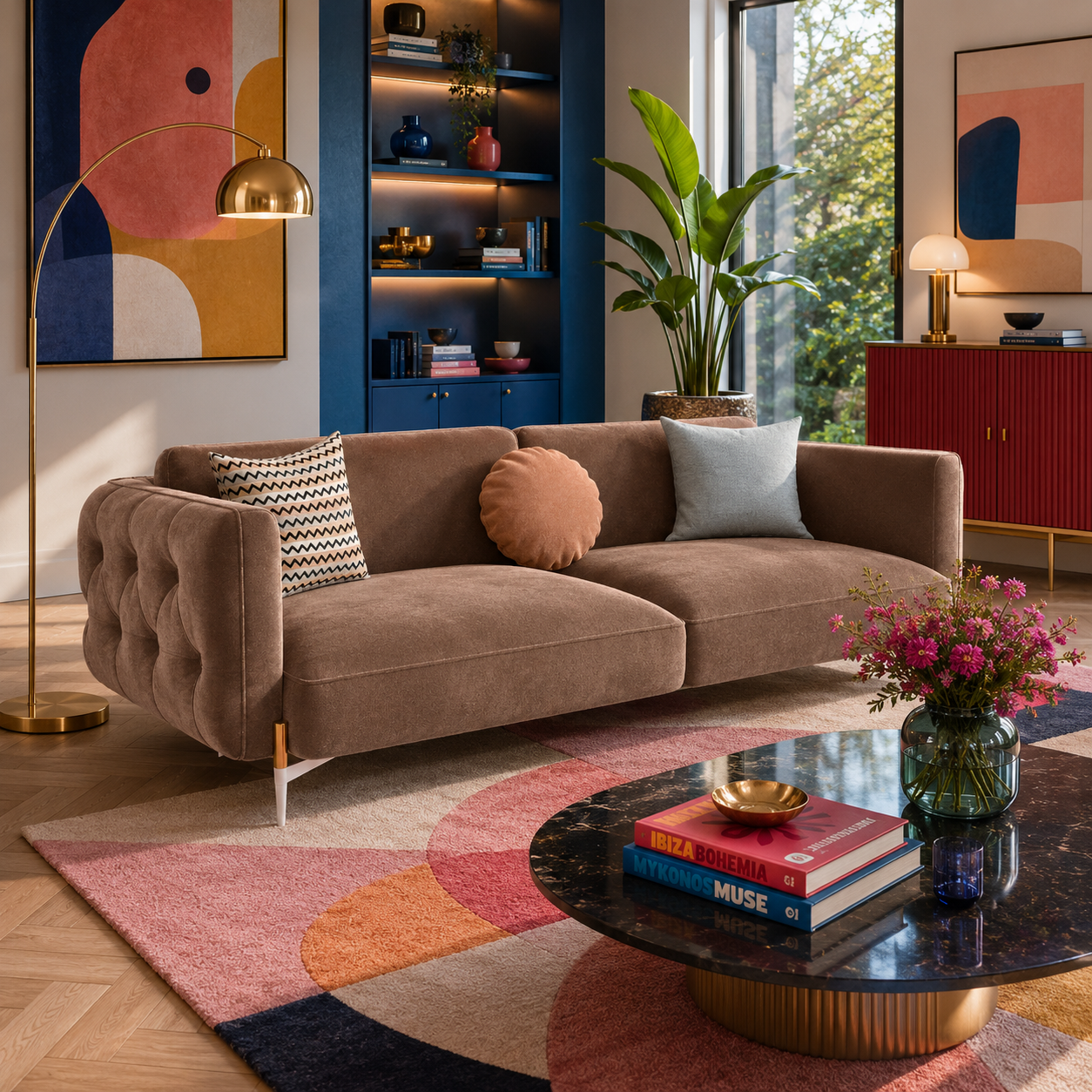 Warm Brown Modern Sofa – Channel-Tufted Side Panels 3D Model 2