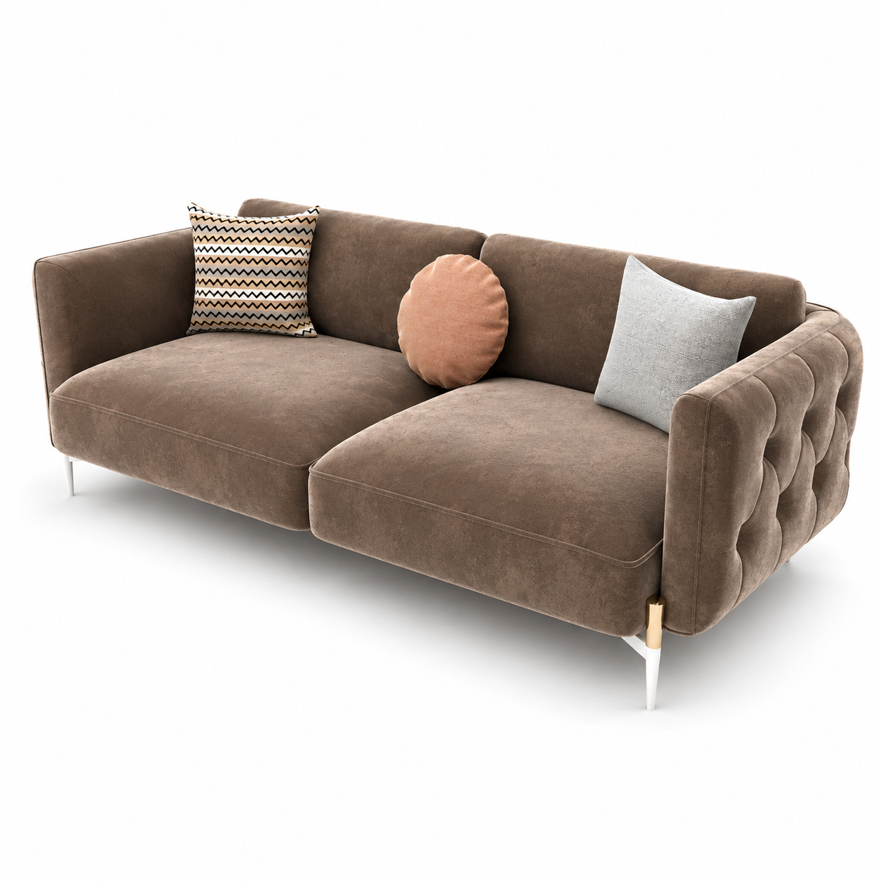 Warm Brown Modern Sofa – Channel-Tufted Side Panels 3D Model 3